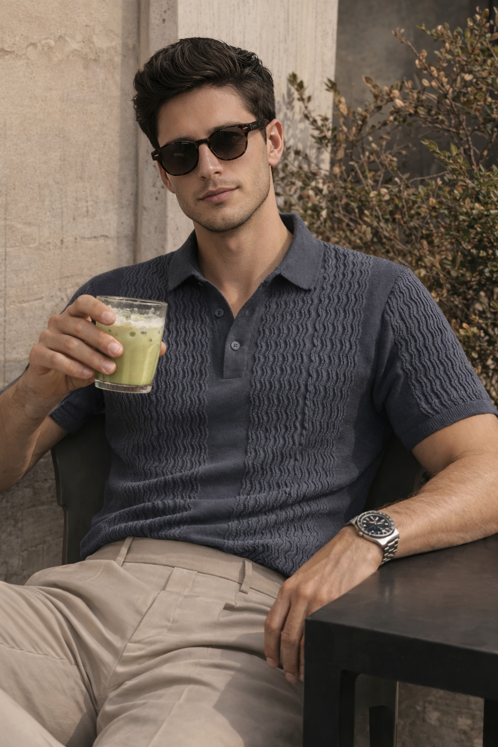 Men's Grey Slim Fit Textured Flat Knit Polo Collar T-Shirt