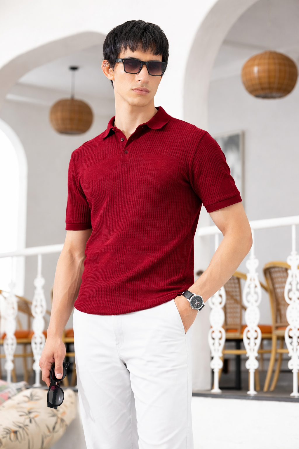 Men's Maroon Slim Fit Textured Flat Knit Polo Collar T-Shirt