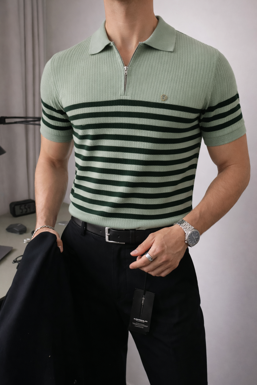 Men’s Vertical Stripe Knitted Polo with Zip Collar