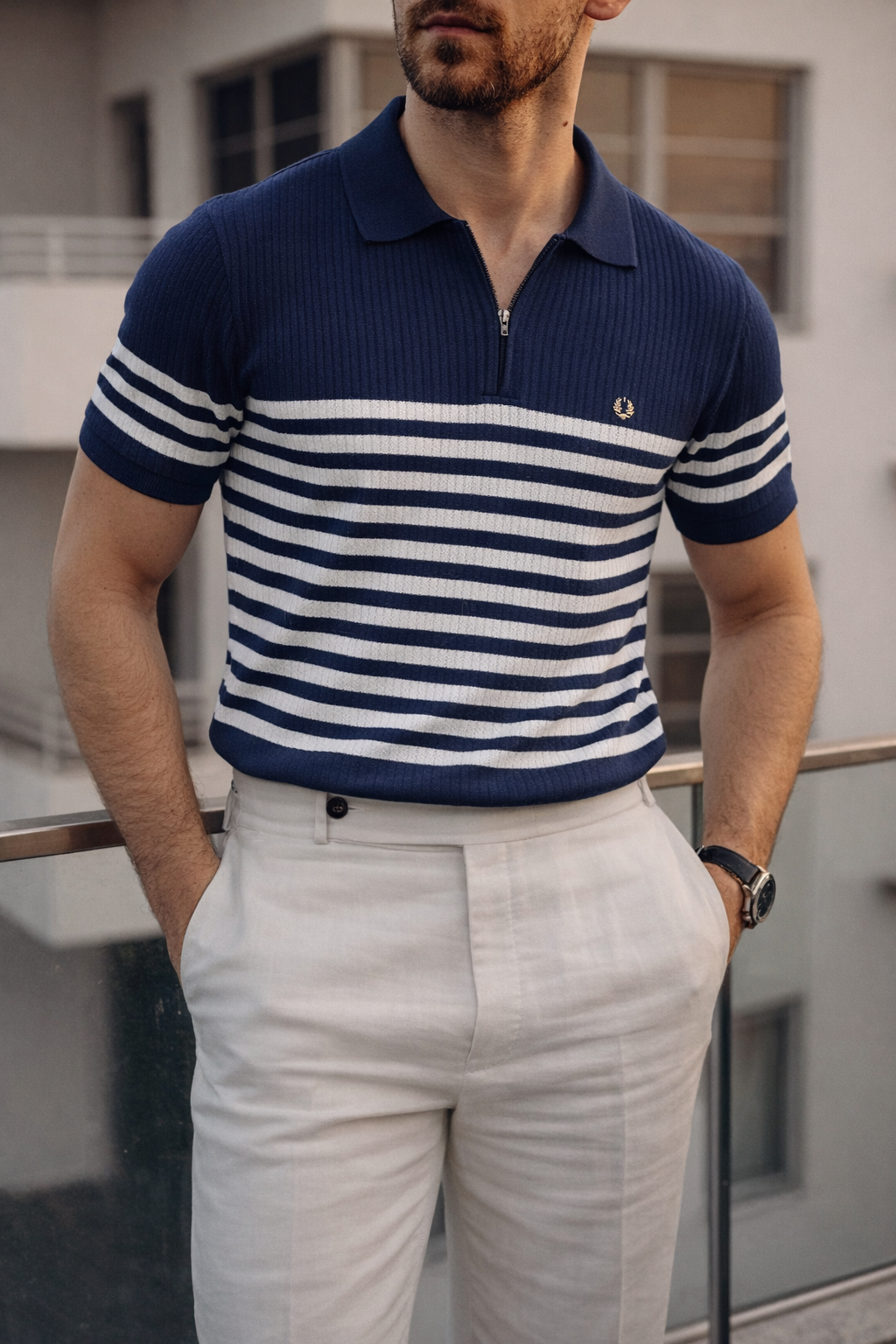 Men’s Vertical Stripe Knitted Polo with Zip Collar